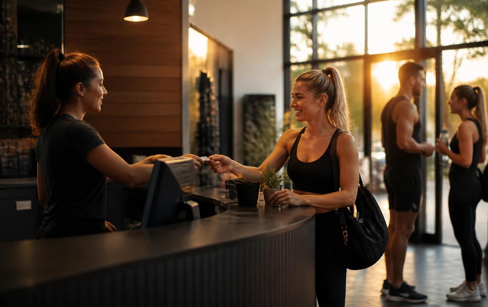 Recepción de un estudio de fitness con clientes llegando al atardecer